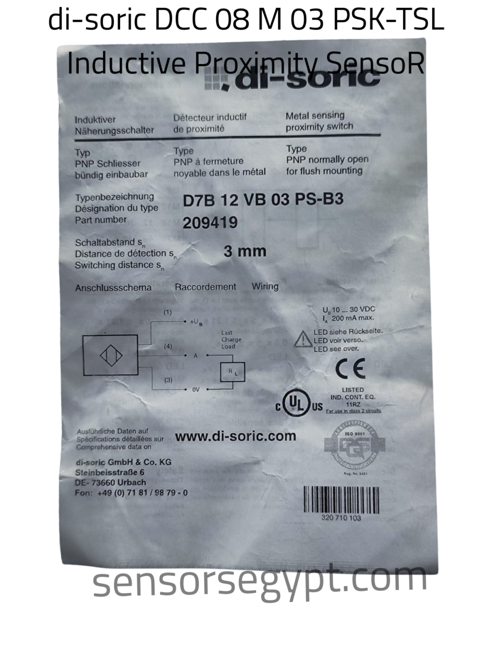 di-soric D7B 12 VB 03 PS-B3 (209419) inductive proximity sensor. M12 flush metal body, 3mm standard range, 10-30V DC PNP NO output, B3 quick connector plug. Premium industrial automation spares
